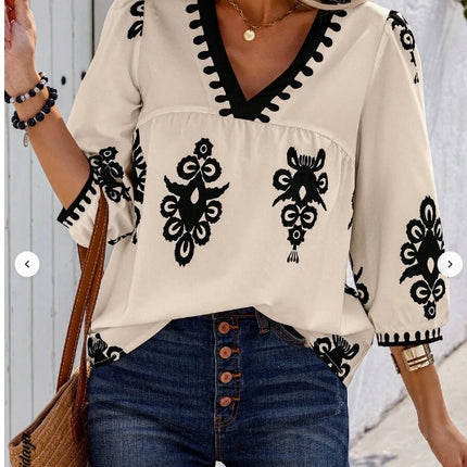 Holidaya Random Print V-Neck Casual Vacation Shirt For Women - Royalessencelux