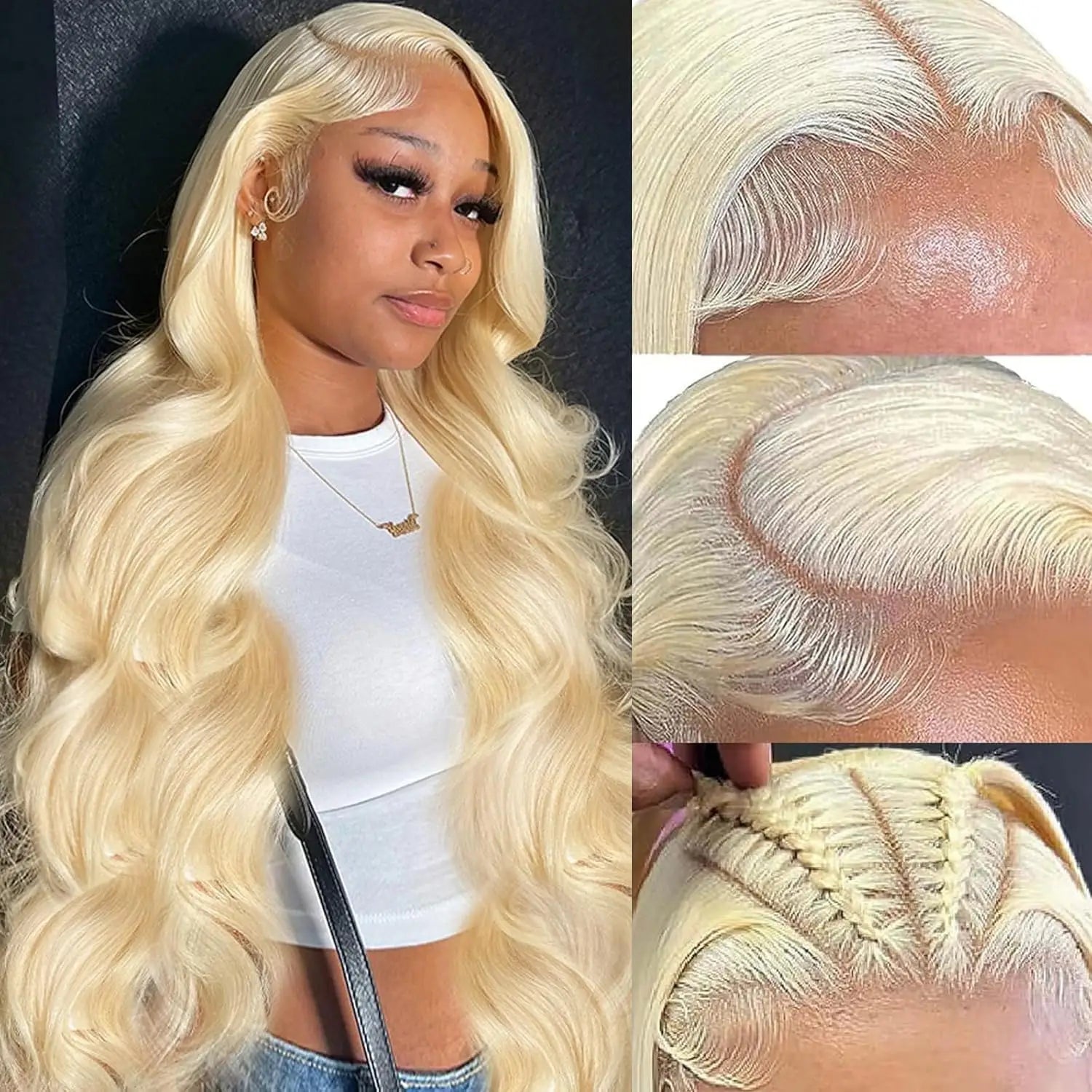 Blonde body wave hair extension with lace front and braided styling paired with royal essence lux titanium steel jewelry collection highlights.