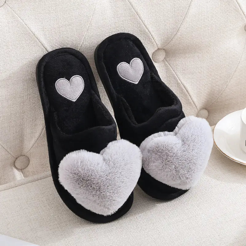 black plush home slippers with fluffy gray heart decorations and embroidered silver hearts on the insole designed as cute love slipper winter warm footwear