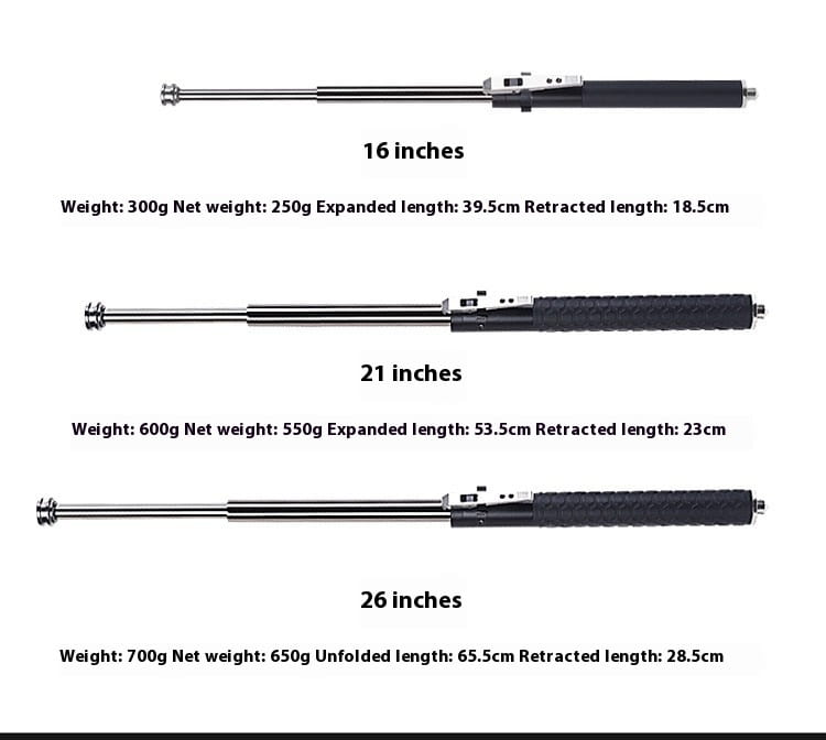 black textured grip automatic spring self-defense baton with silver aluminium alloy telescopic shaft and adjustable length options