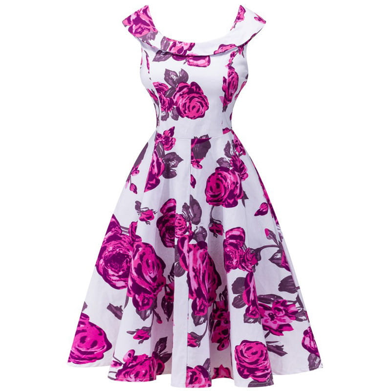 a white sleeveless printed dress with a flared skirt and vibrant pink rose print featuring a delicate off-the-shoulder neckline ideal for luxury women’s fashion and plus size dresses bikinis collections