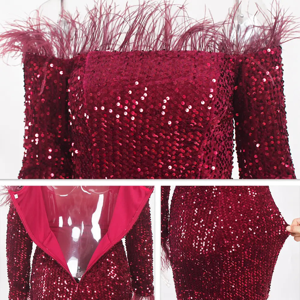 A dazzling burgundy sequined fishtail party formal dress featuring a feathered off-the-shoulder neckline and a fitted silhouette.