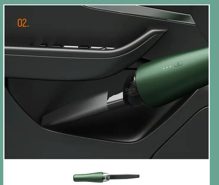 A sleek matte forest green wireless vacuum cleaner for car and household with a transparent dust collection tube and minimalist led indicator lights.