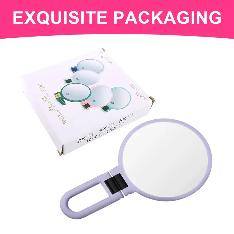 lavender plastic handle mirror purple with foldable handle and black hinge mechanism featuring 10x magnification for close-up use