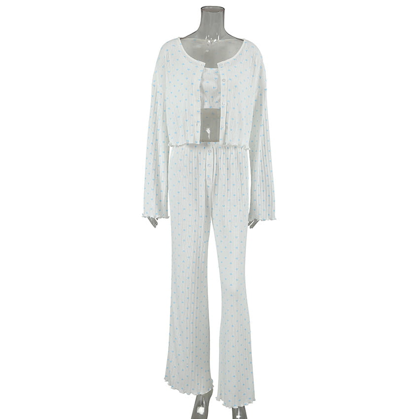 white polka-dot knitted heart printing ribbed loungewear set with a cropped cardigan and flared pants featuring delicate pleats and scalloped hems for heart printing comfortable wear