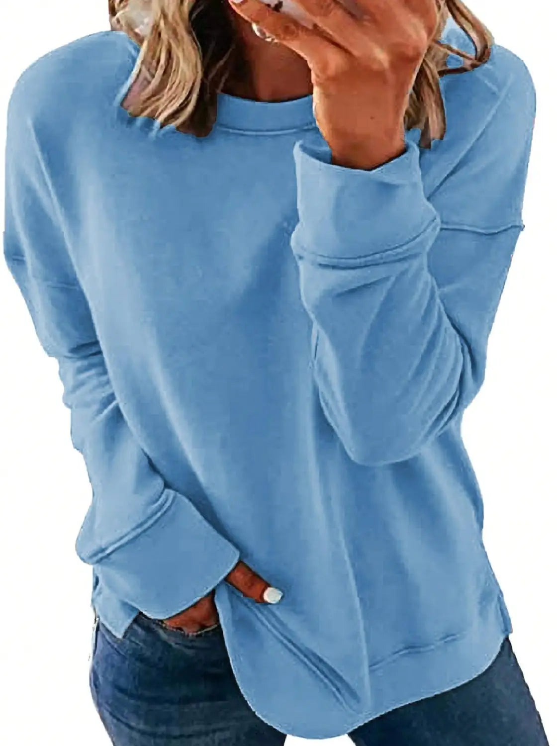 Light blue heathered womens sweatshirts fall long sleeve top with relaxed fit and ribbed cuffs perfect for sweatshirts fall fashion.