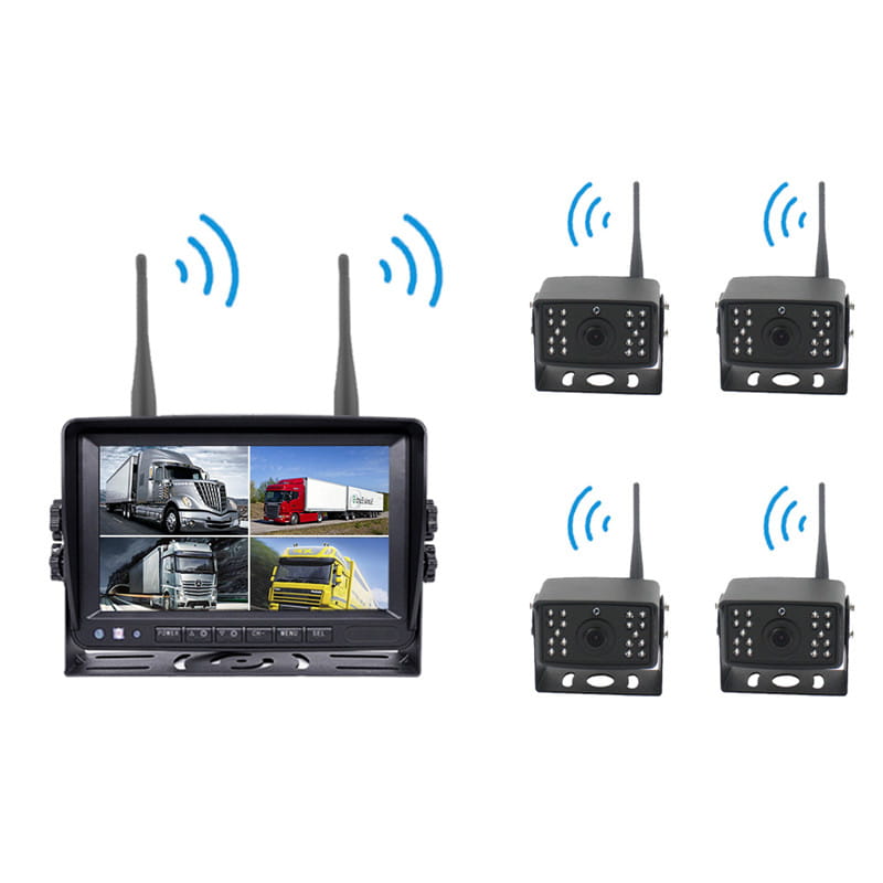 black seven-inch wireless rear view camera system with analog signal featuring a 7-inch monitor and four rear wireless cameras for truck backup assistance