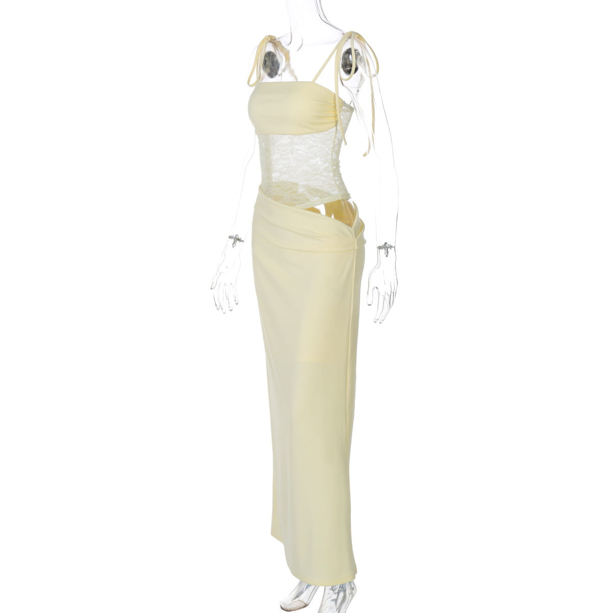 a pale yellow two-piece outfit featuring a strapless y2k lace suspender top with lace detailing and matching wide-leg trousers paired with a burgundy satin y2k lace suspender dress