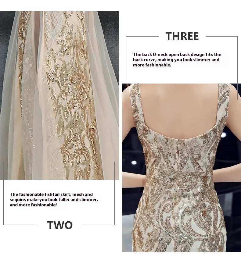 a glamorous off-white and gold sequined fishtail long summer gown with a back u-neck design perfect for evening occasions featuring long summer sequins sling details