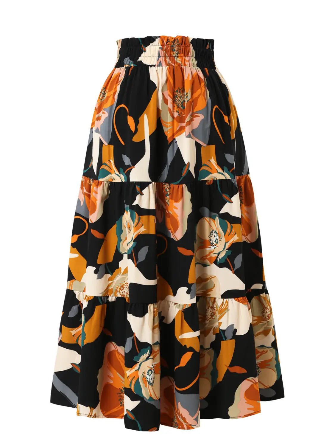 cream tiered pleated floral print maxi skirt featuring a bold orange cream and black floral print elastic waist on flowing fabric