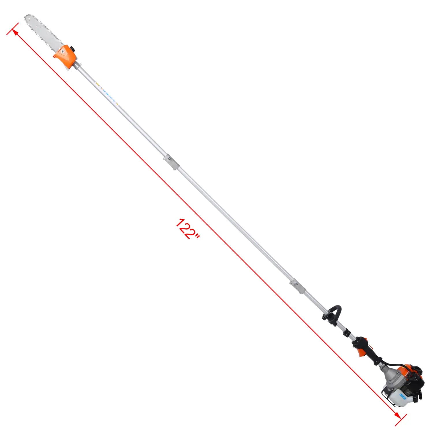 Orange and black gas-powered hedge trimmer and brush cutter multi tool set with a silver blade and plastic pruning tools, measuring 122 inches in length.