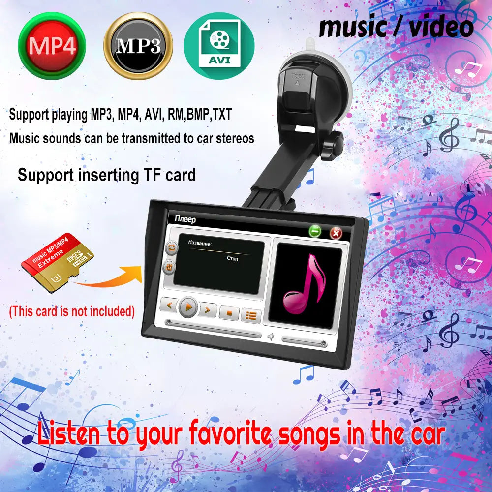 black plastic car stereo media player with suction cup mount and touchscreen display showing music playback interface for 9-inch navigator car portable truck large screen navigation.