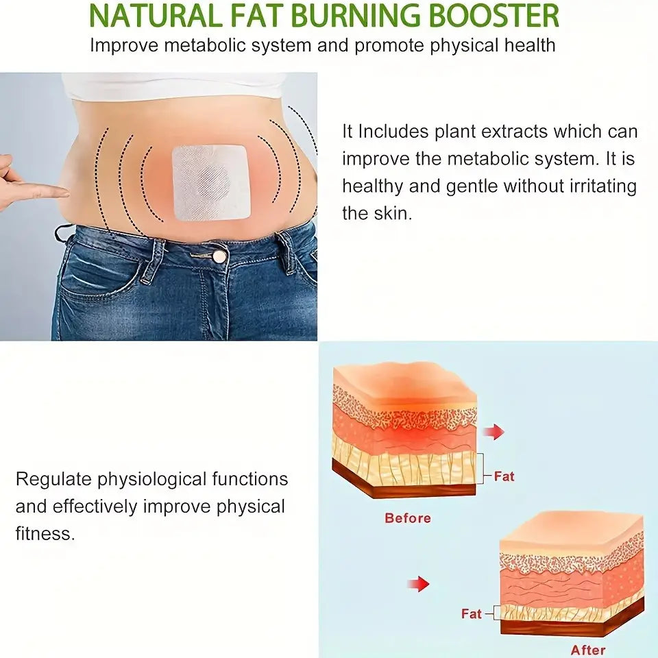 a white rectangular magnetic slimming navel belly button patch adhesive for natural fat burning booster applied to the abdomen