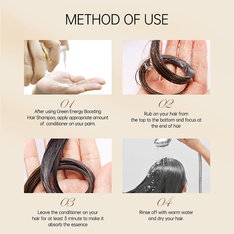 a clear bottle of huanran hair conditioner care hair moisturizing with a white pump dispenser highlighting green energy boosting hair conditioner benefits