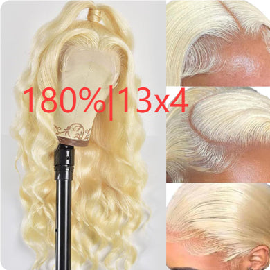 Golden long curly synthetic lace front wig with side bangs – view 6