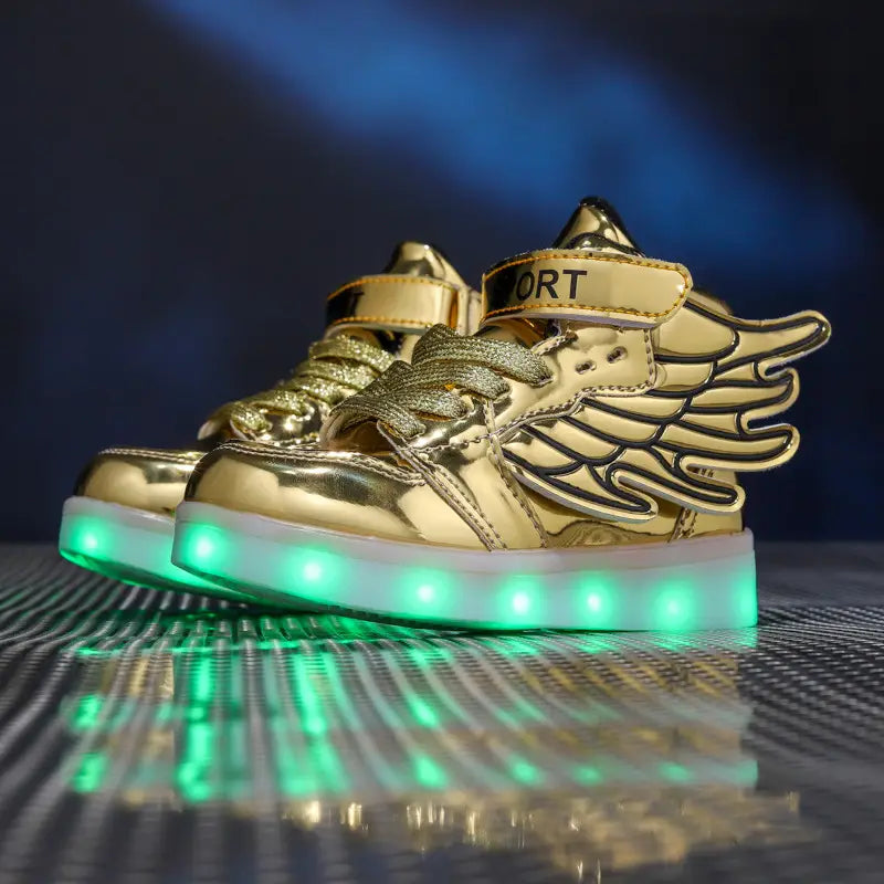 Golden high-top light shoes children with winged design and glowing green led soles usb charging light shoes.