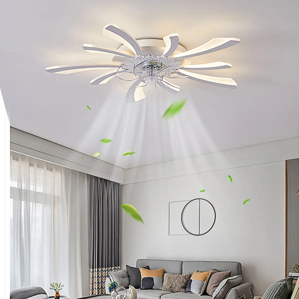 modern large white framed ceiling fan light featuring a white led design with sleek curved blades and a central crystal like decorative hub.