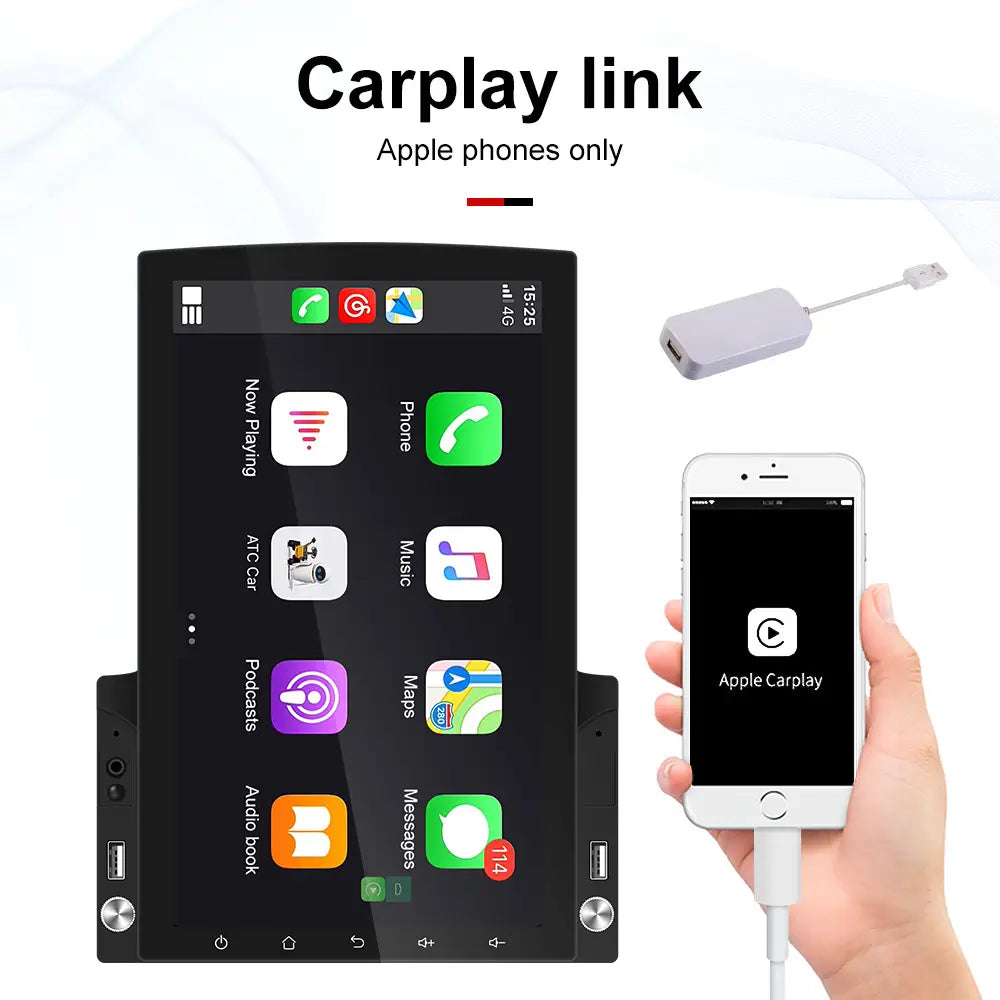 Black touchscreen car stereo with apple carplay interface and silver usb ports from the large screen vehicle video player navigator featuring an advanced video player navigator system.