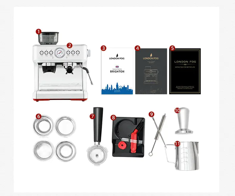 White semi-automatic coffee machine with red base, silver accents, built-in grinder, and gauge for precise brewing.
