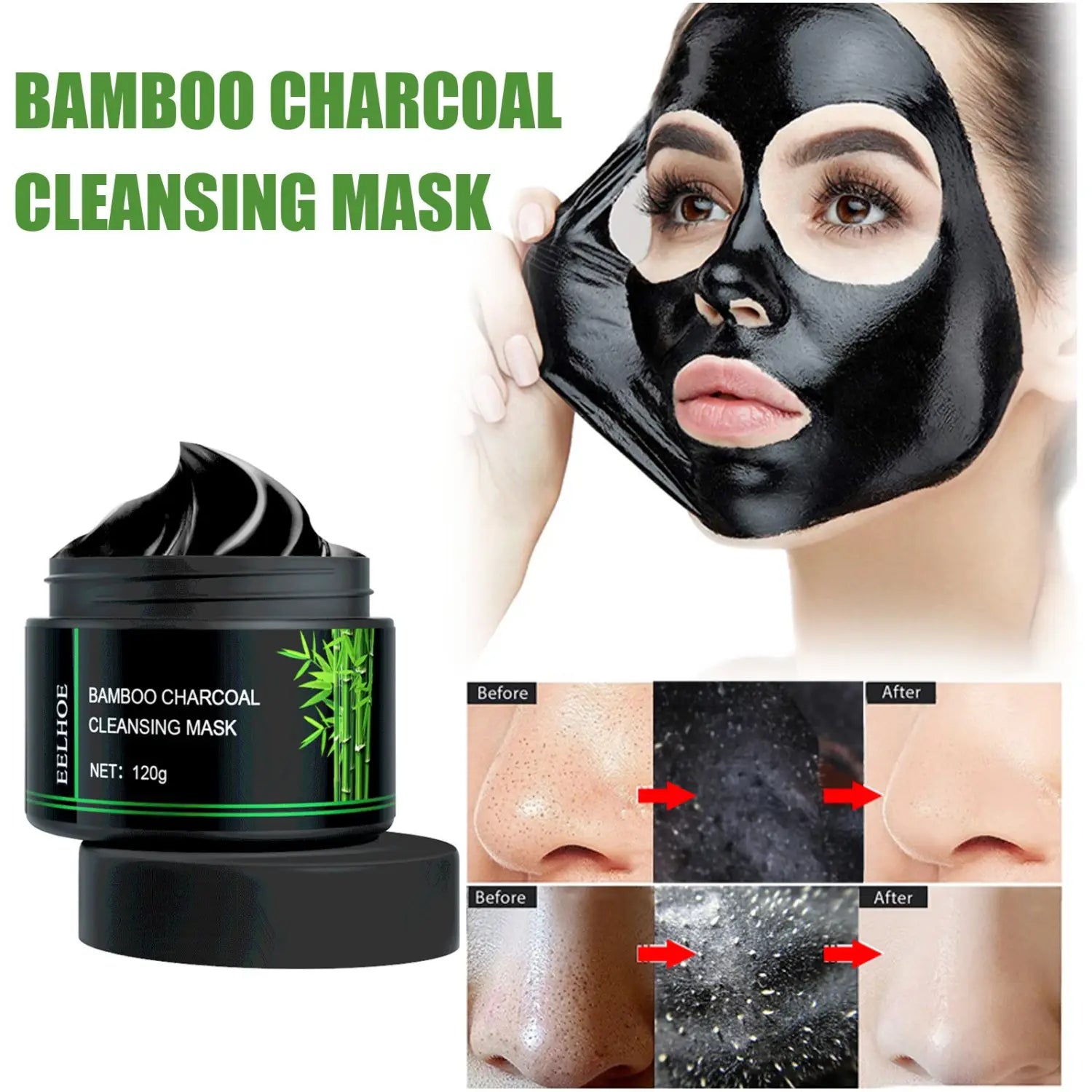 bamboo charcoal blackhead removal peel-off mask in a sleek black jar with green accents and bamboo leaf design labeled eelhoe for 120g.