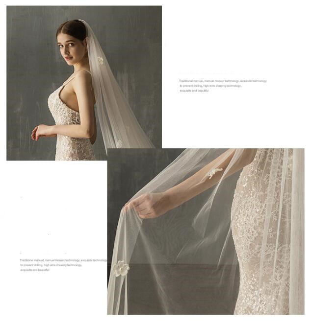 A delicate off-white lace bridal church wedding veil adorned with subtle floral appliqués complements the ivory lace church wedding pearl long tail gown.