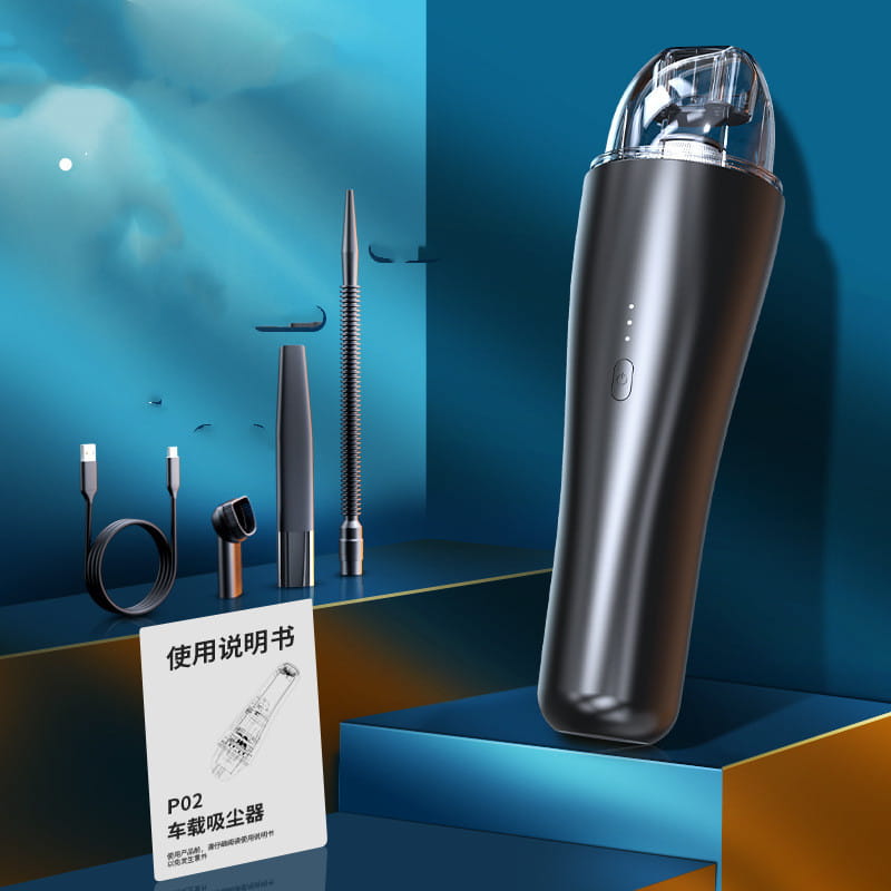 Sleek black and silver wireless vacuum cleaner for car and household with a transparent top cap.