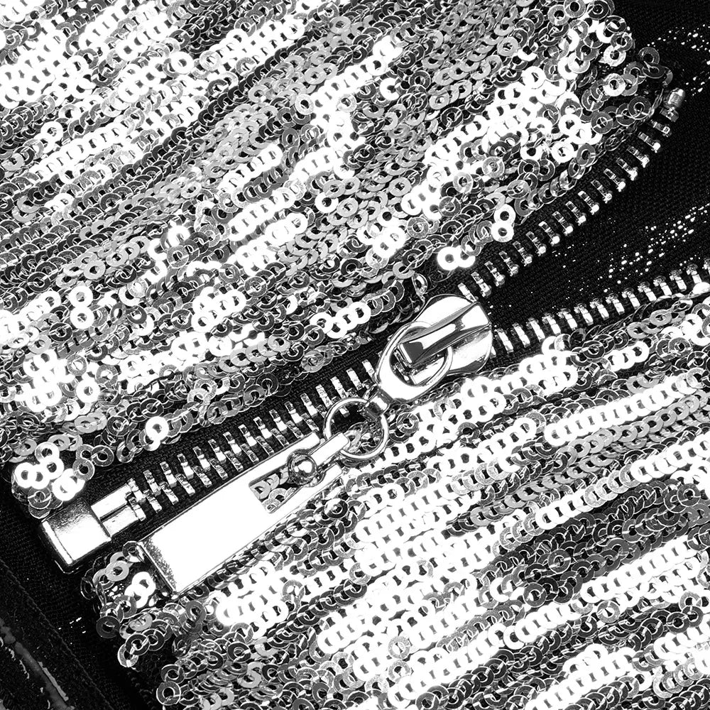 silver sequined zipper detail on black fabric bag accompanying silver strapless sequin skirt set