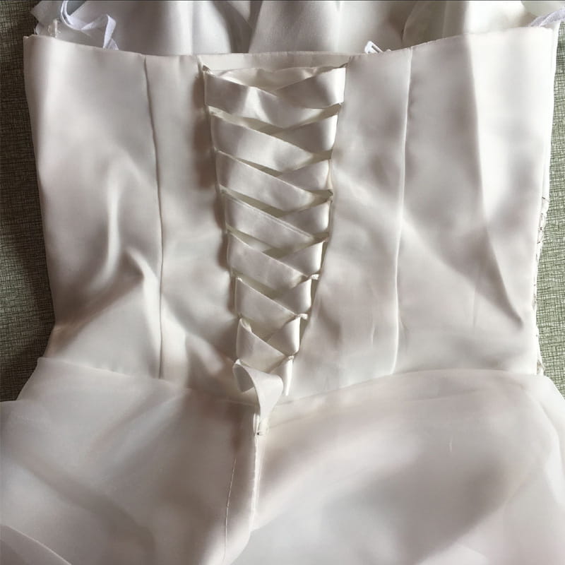 white satin corset back of bustier korean princess beaded tulle wedding dress featuring lace-up design with neatly tied ribbon ties