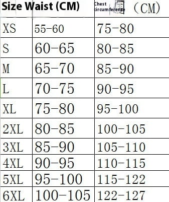Size chart for black satin high waisted court irregular skirt displaying waist and chest circumference measurements from XS to 6XL highlighting the irregular skirt character and skirt character uniform sizing.