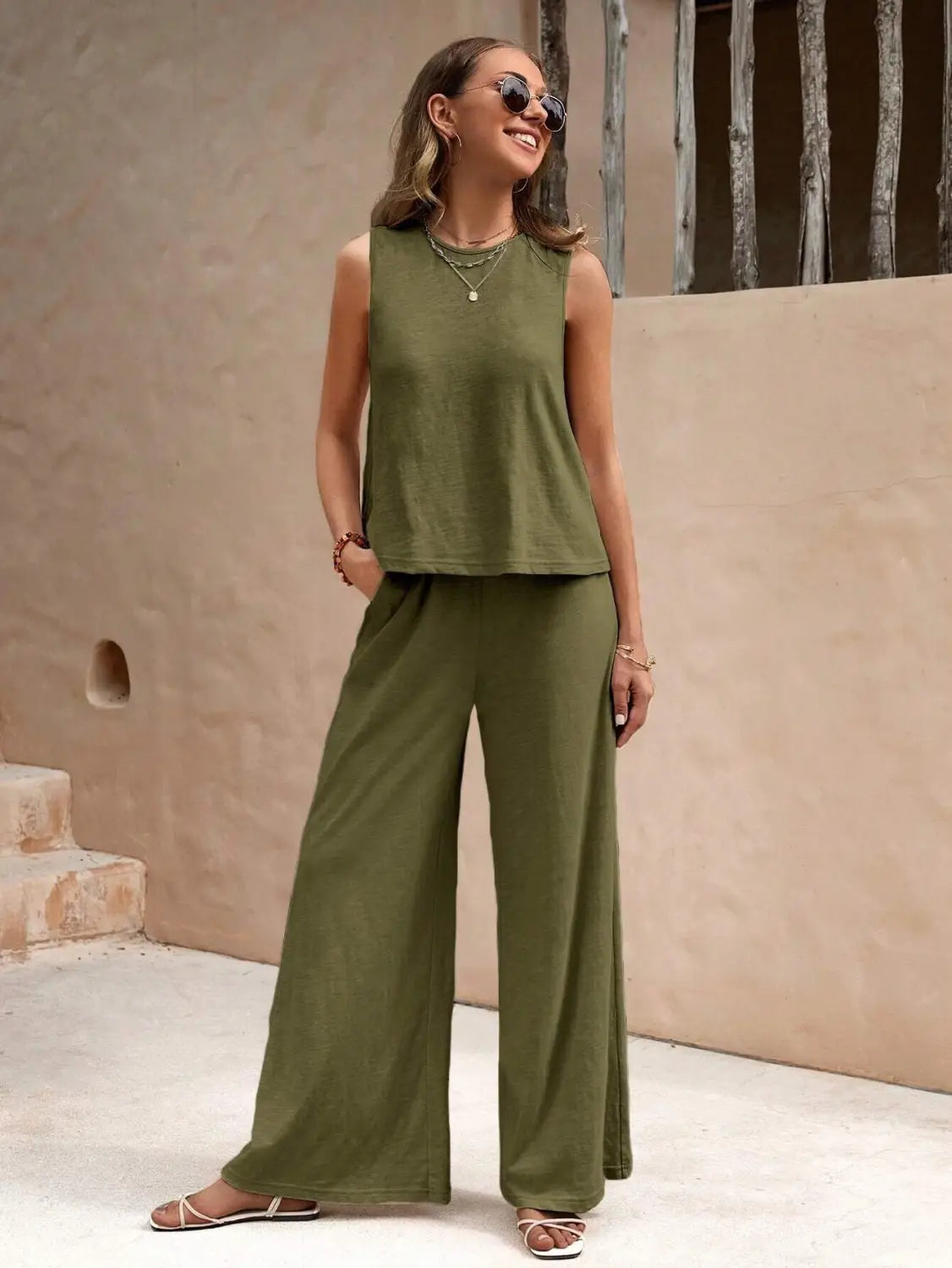 olive green sleeveless top and matching wide-leg casual loose pants set suitable for comfortable everyday wear
