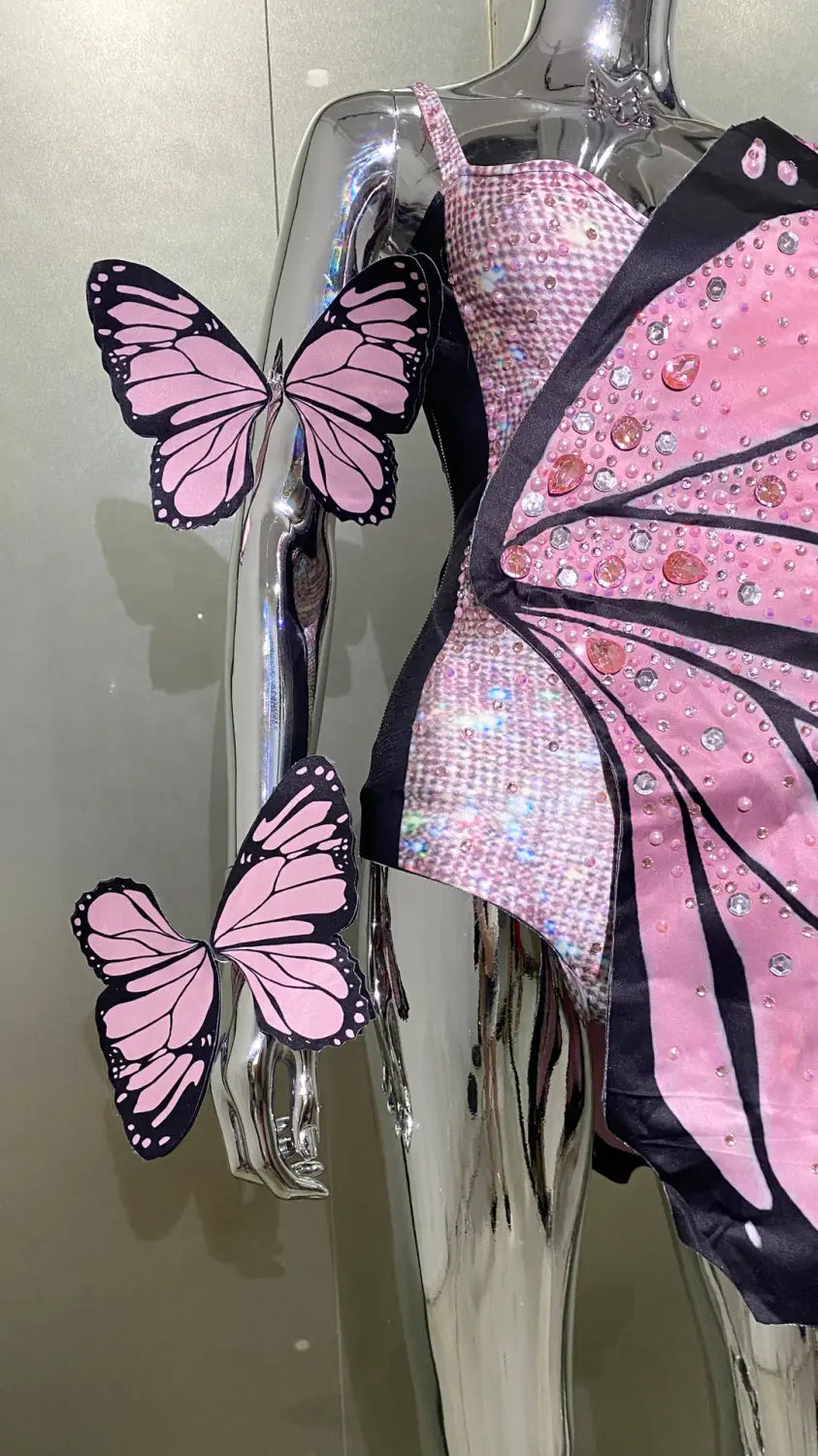 pink and black sequin butterfly latin dance skirt dress with net yarn stretch wings and matching decorative butterflies