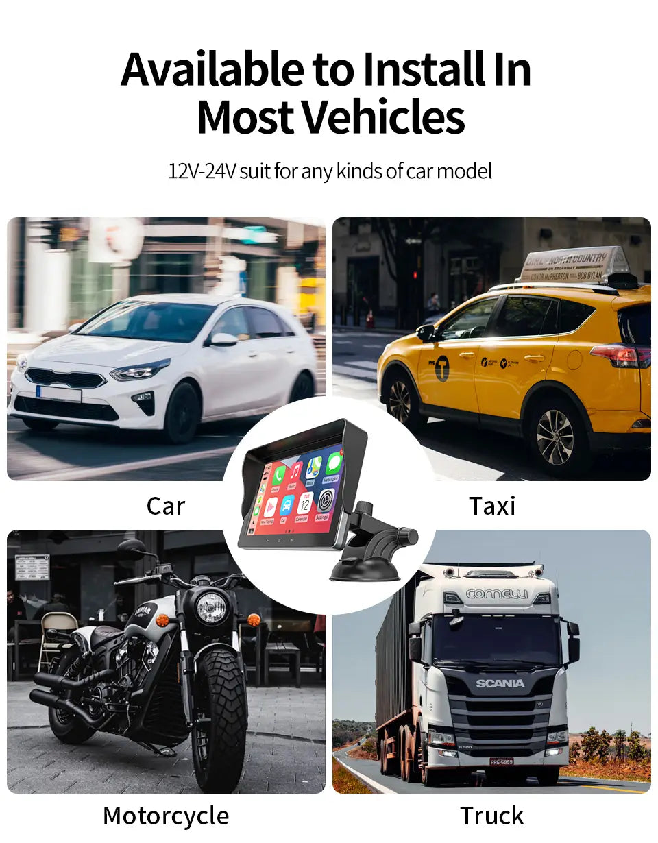 black rectangular 7 inch wireless carplay display with touchscreen and suction cup mount designed for cigarette lighter use in vehicles