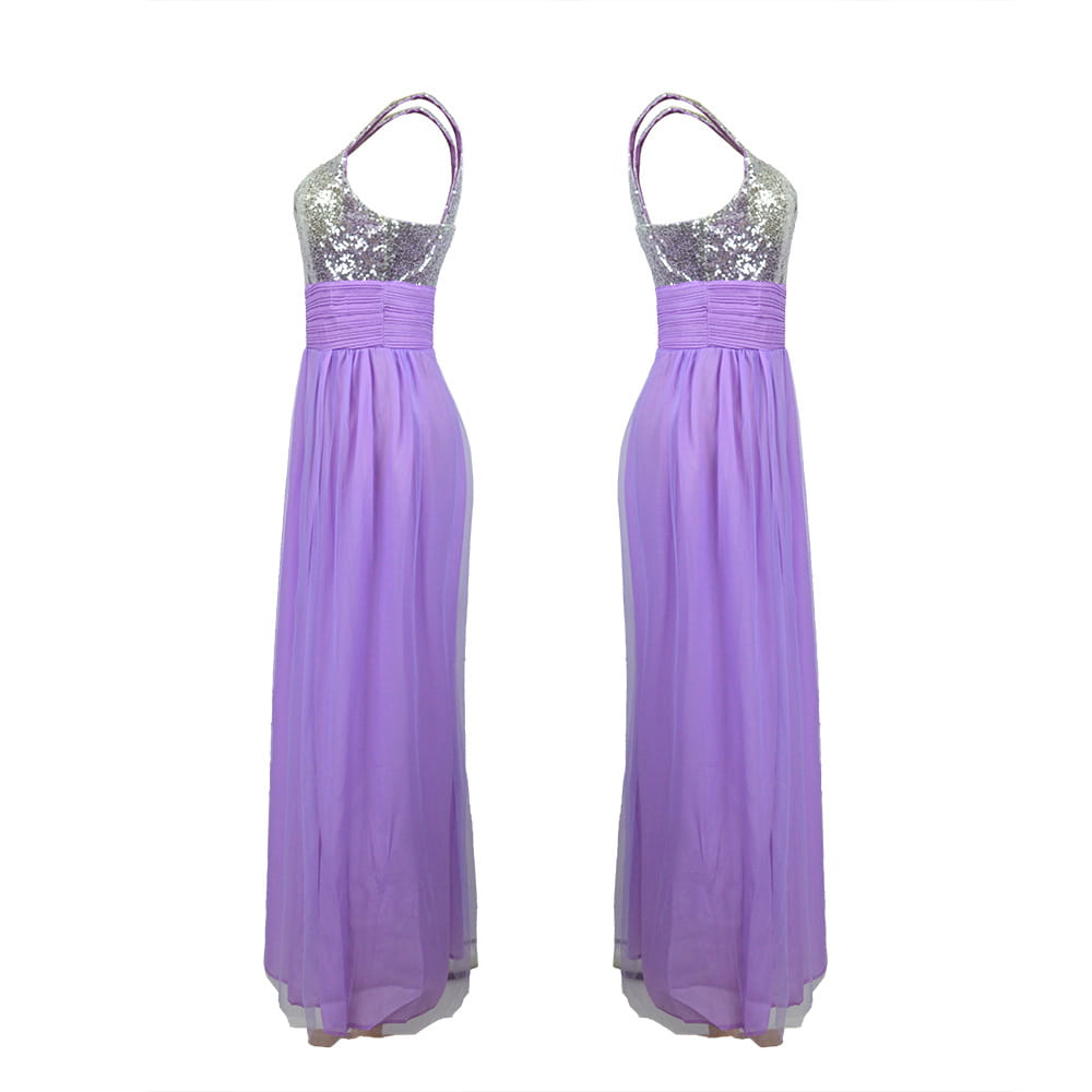 A flowing lavender chiffon bridesmaid dress long with a silver sequined halter neckline and a gathered waistband, perfect as a bff bridal gown.