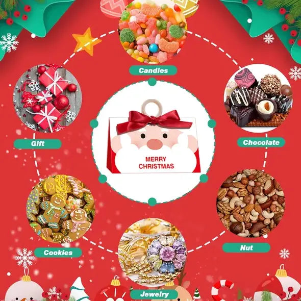 A festive red and white santa-themed christmas candy box with ribbon and a bow featuring merry christmas printed on it.