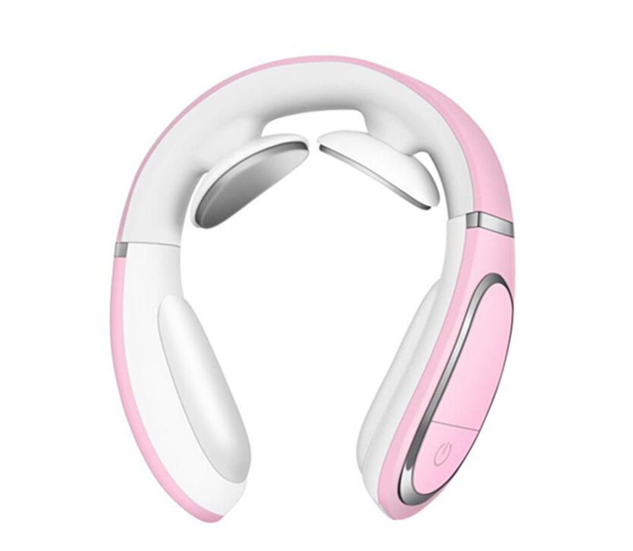 pink and white electric smart shoulder massager with silver accents featuring heating pain relief function