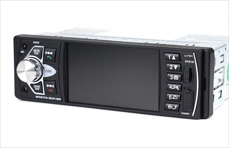 Black car mp5 player with a 4.1 inch large screen tft display, silver volume knob, and multiple audio control and navigation buttons featuring large screen bluetooth functionality.