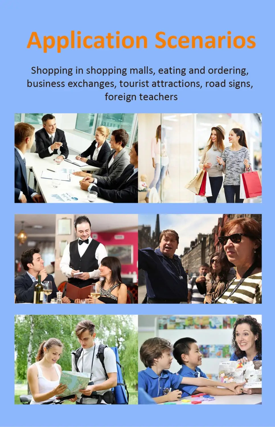 the offline scanning translation dictionary pen showcases diverse application scenarios including business meetings, shopping trips, dining experiences, tourist attractions, and educational settings to highlight its scanning translation and offline scanning translation capabilities.