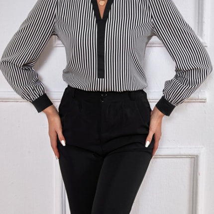 Ladies' New Striped V-neck Cuff Collar Color Block Splicing Fashion Shirt - Royalessencelux