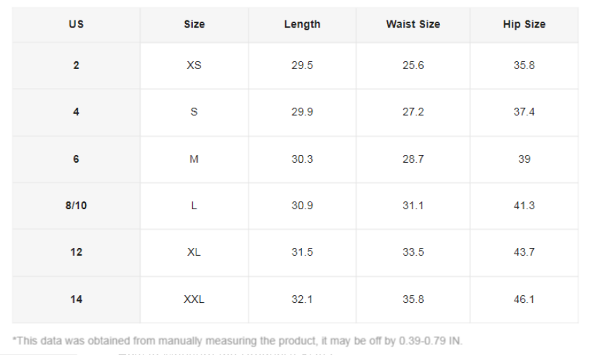 Size chart for a black high waist simple daily slit midi skirt showing us sizes 2 to 14 with corresponding waist and hip measurements for solid color simple styling.