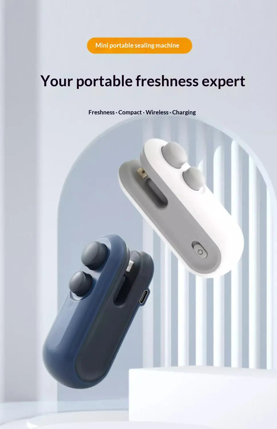White and navy blue mini portable usb heat sealers with sleek ergonomic designs and integrated magnetic storage clips for easy sealing and storage.