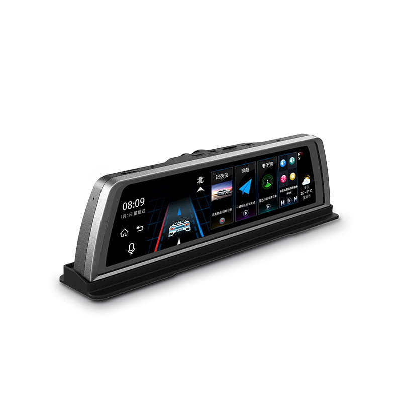 Silver-framed road detective K500 center console streaming dash cam with a sleek modern design and large touchscreen displaying navigation and vehicle monitoring features.