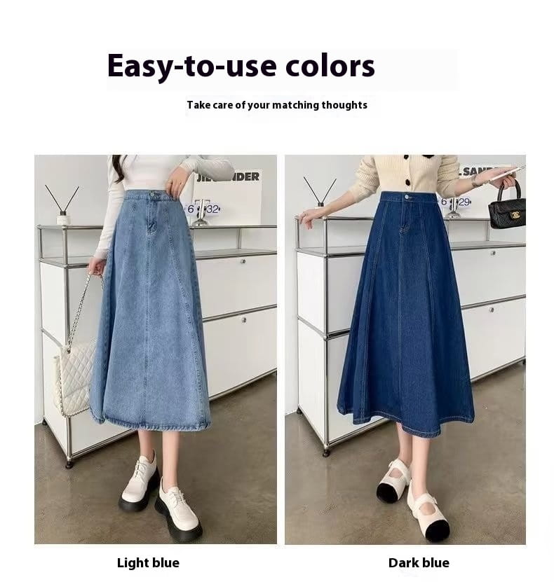 high waist flared denim skirt women’s mid-length available in light blue and dark blue crafted from sturdy fabric with classic button closure