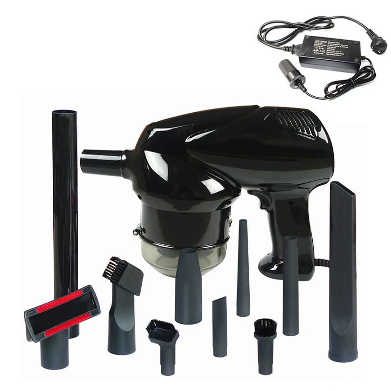 black handheld automobile household dry wet vacuum cleaner with glossy finish transparent dust chamber and multiple brush and crevice attachments for versatile use