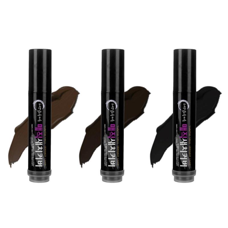 three black cylindrical temporary brown hair color dye sticks with silver caps showing brown dark brown and black swatches and korean text on the label
