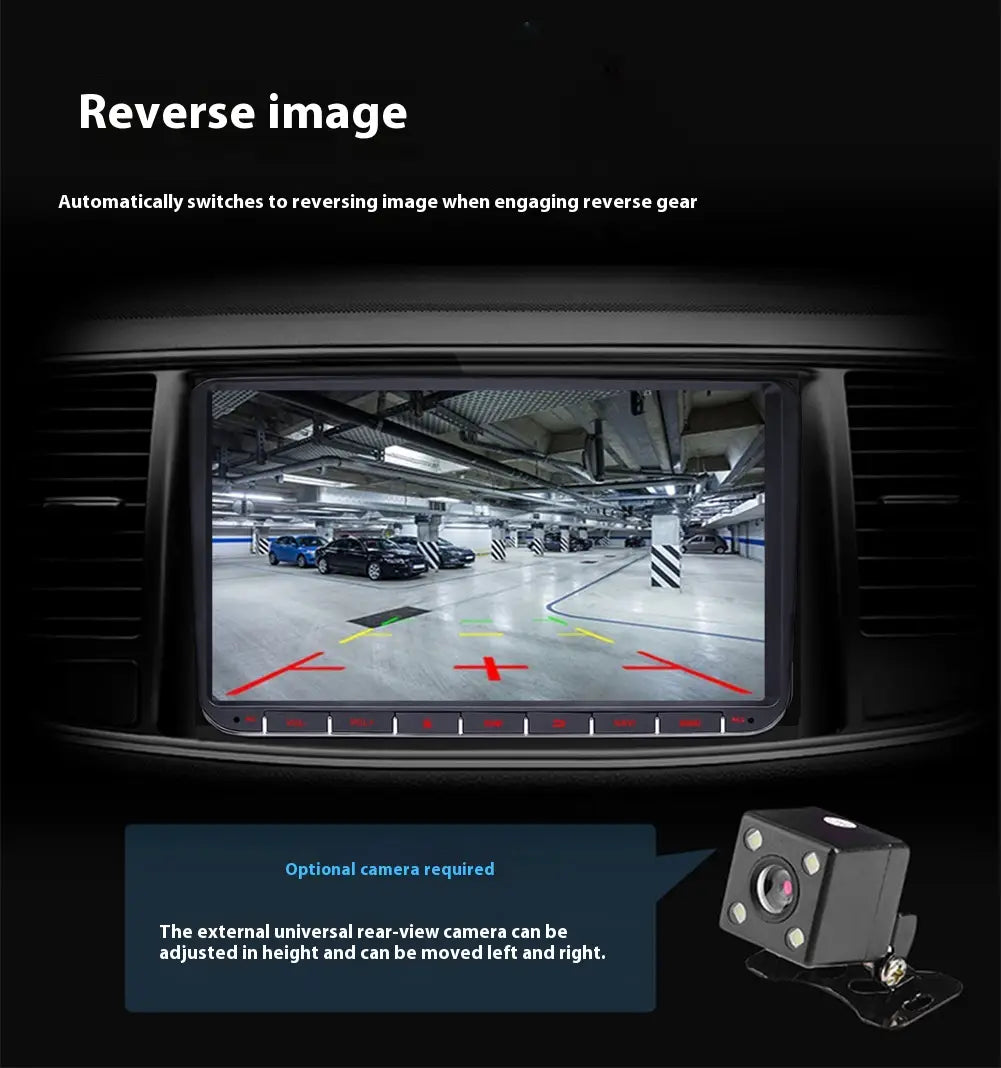 black universal rear-view camera with adjustable height and left-right positioning shown on the back side of a 9 inch android car bluetooth gps navigation integrated system