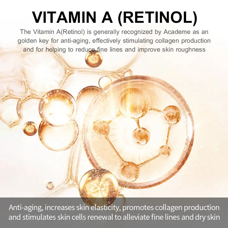 golden molecular structures of vitamin a retinol in translucent spheres against a warm background illustrating the key ingredient in the retinol anti-aging moisturizer face cream 30ml