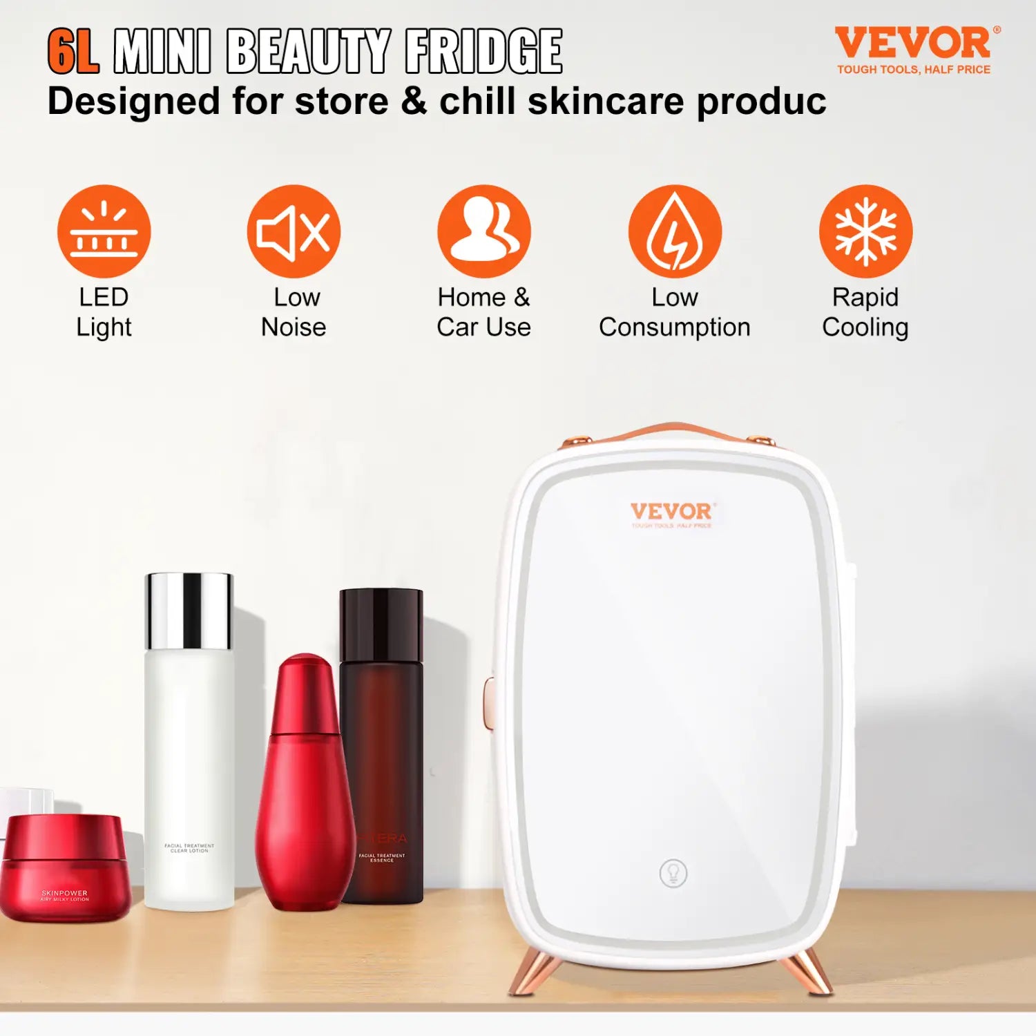 white vevor 6l mini beauty fridge with rose gold accents and legs shown as a luxury skin care 6l mini fridge with mirror, ideal for storing skin care products in a compact vevor mini fridge.