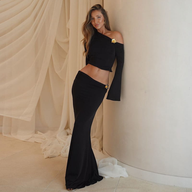 black one-shoulder crop top featuring a long flared bell sleeve and gold floral embellishment on the slim oblique shoulder, part of a sexy slim oblique floral mermaid dress collection.