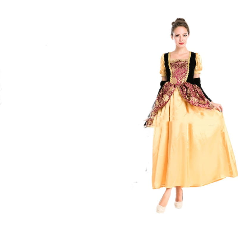 A woman wears a yellow satin halloween cos ball queen dress with black velvet sleeves and an ornate red and gold embroidered bodice.