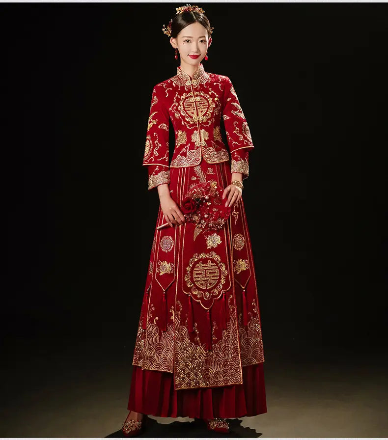plus size red dragon embroidery slimming toast dress featuring a red embroidered chinese wedding gown with gold thread detailing and traditional auspicious symbols.